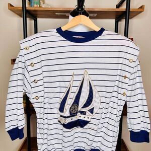 Vintage Nautical Striped Preppy Sail Boat‎ Coastal Pullover L